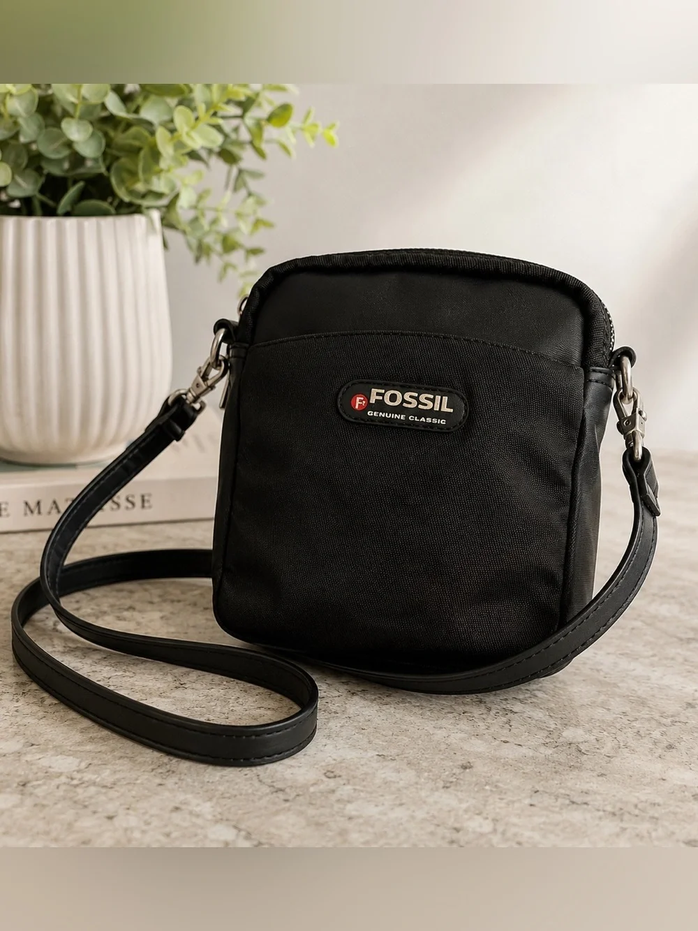 Vintage Fossil Genuine Classic Mini Crossbody Bag Y2K Black Nylon PVC Trim